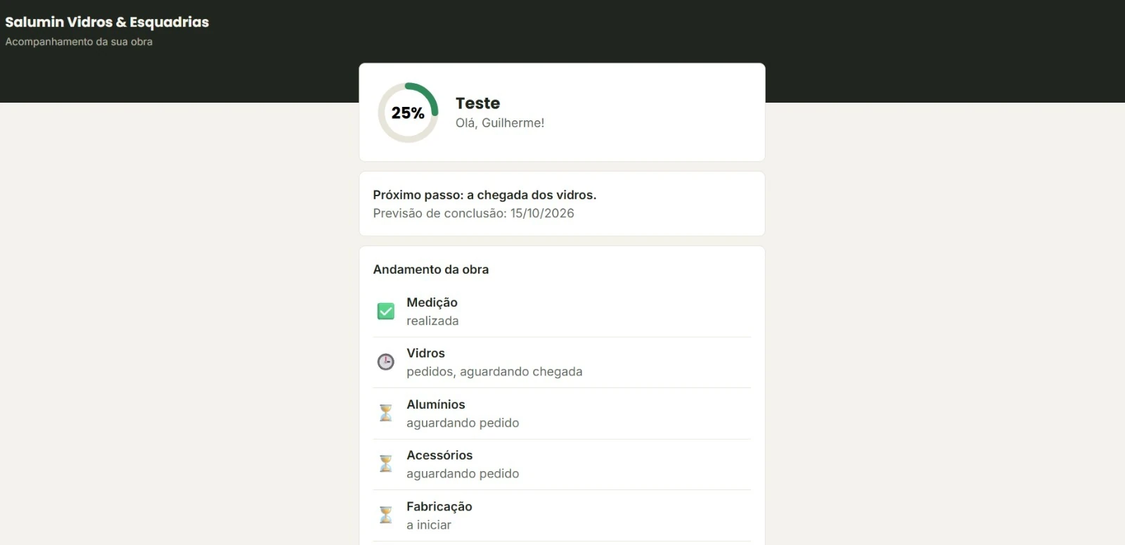 O cliente acompanha pelo link — tela do acompanhamento da obra