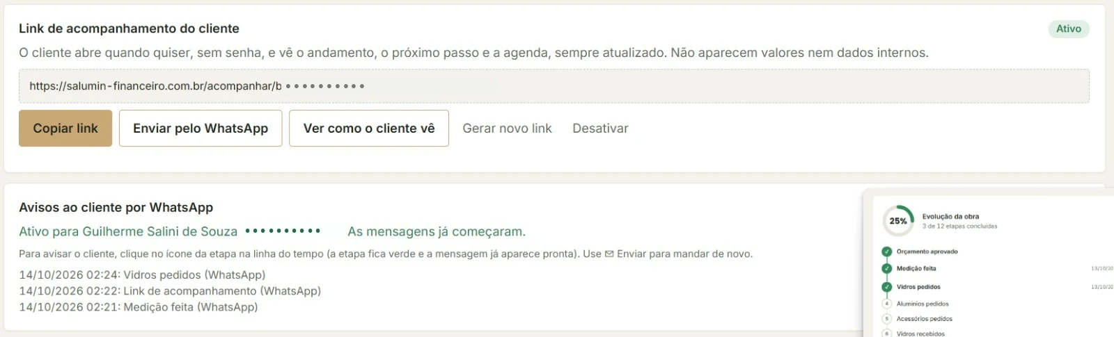 Painel da Salumin — tela do acompanhamento da obra