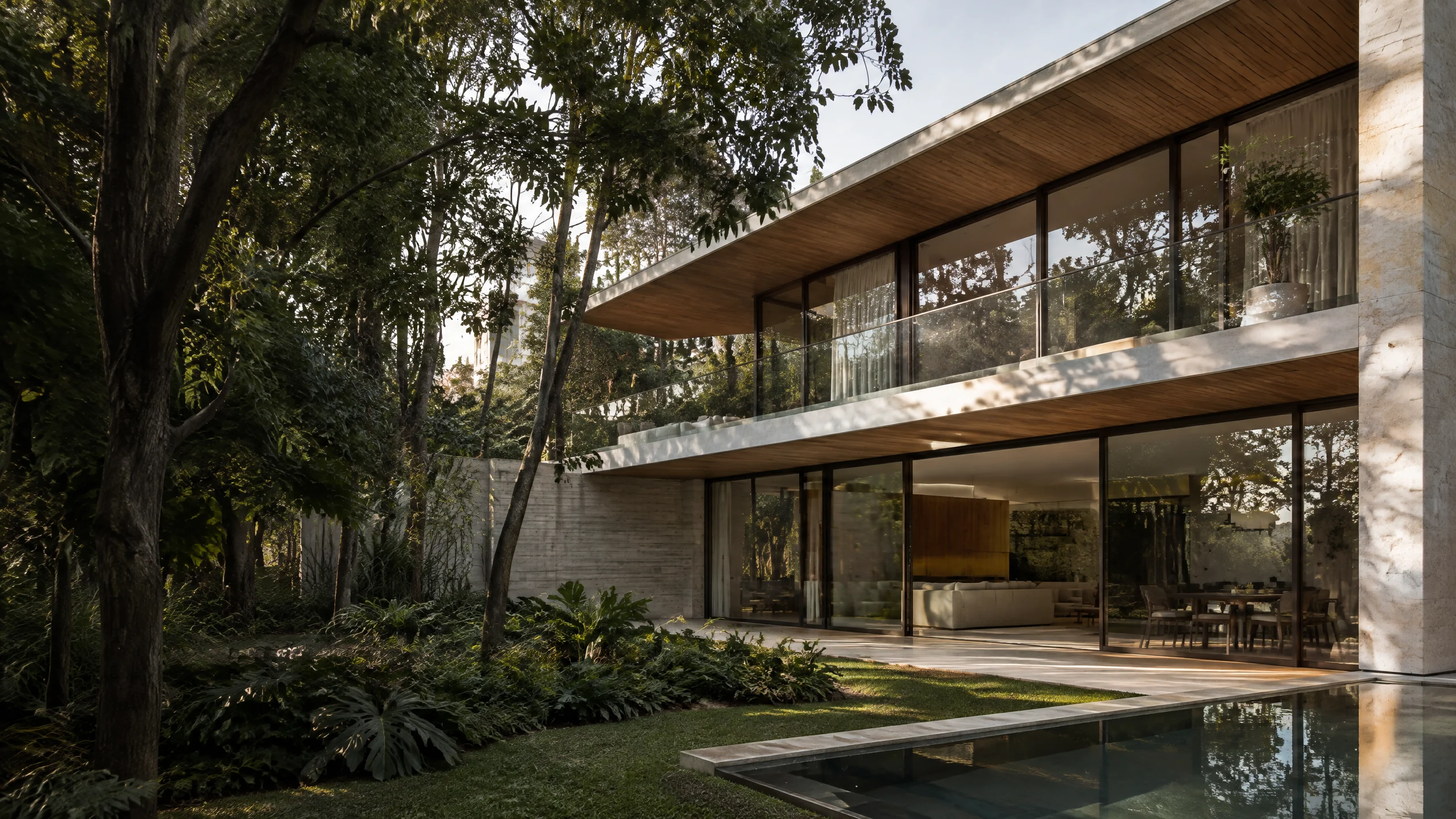 Residência contemporânea com grandes superfícies de vidro, esquadrias escuras e terraço envidraçado — imagem conceitual