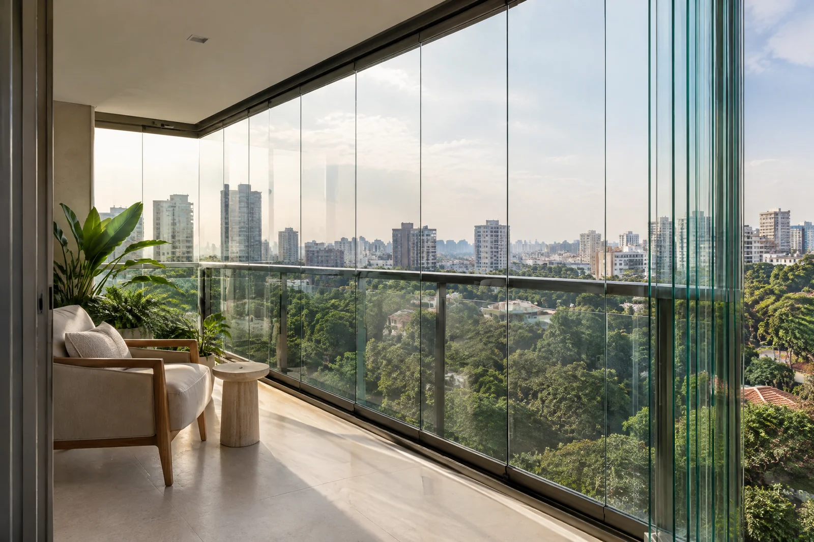 Sacada com fechamento de painéis de vidro recolhíveis e vista urbana — imagem conceitual